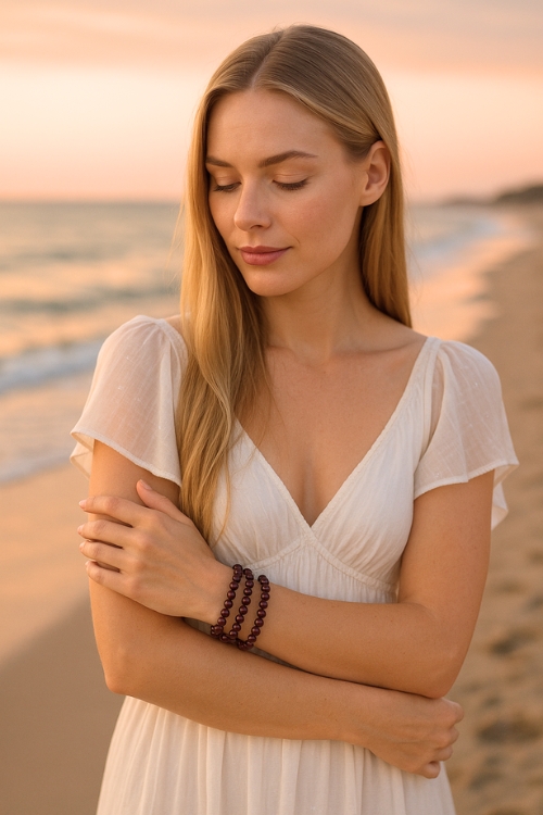 blonde Frau am Strand trägt drei Granat Edelstein Armbänder zum kaufen bei GemstoneEmpire