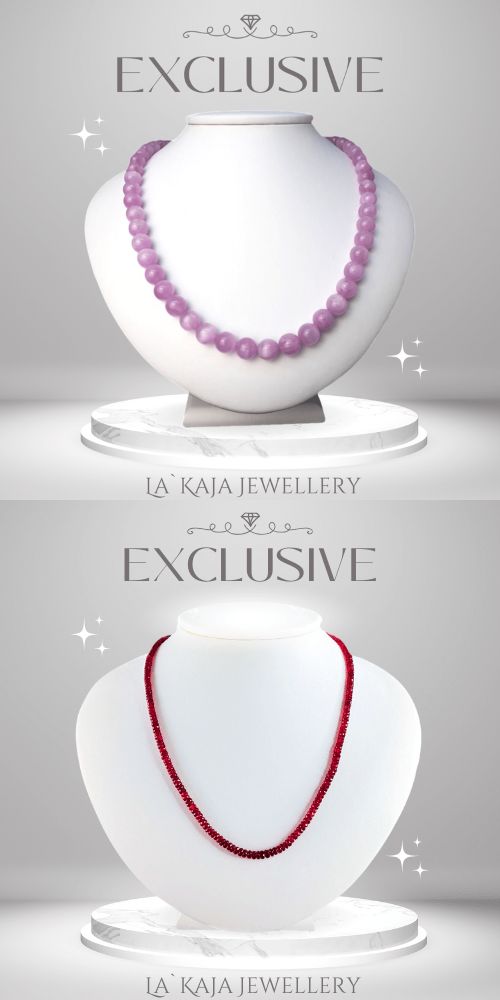 Edelstein Halsketten für Damen aus Kunzit & Rubin auf eleganten weißen Büsten