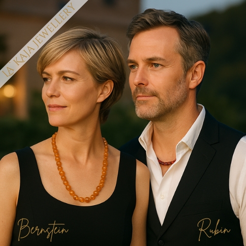 Edelstein Halsketten von La`Kaja aus Bernstein & Rubin getragen vom eleganten Paar im Abendlicht