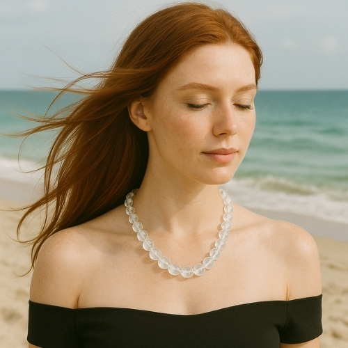 Edelsteinschmuck von La`Kaja Jewellery Frau mit Bergkristall Halskette am Strand