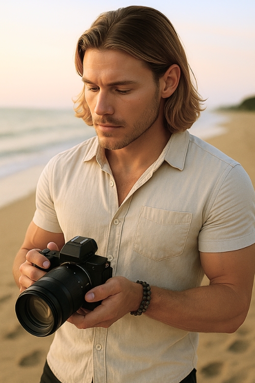 Fotograf am Strand trägt matte Hämatit Edelstein Armänder zum kaufen bei GemstoneEmpire