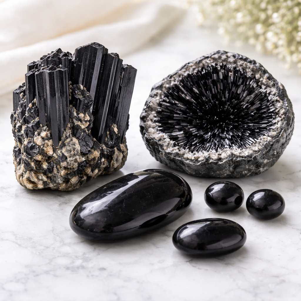 Komposition aus verschiedenen schwarzen Turmalinen