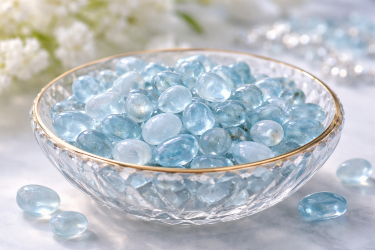 Lose Aquamarinsteine in einer Glasschale