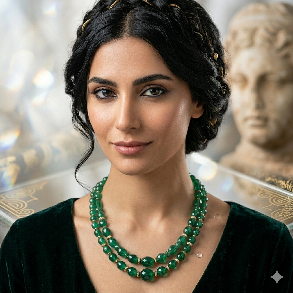 Magische Wirkung von Smaragd. Orientalische Frau trägt opulente Sumaragdhalskette