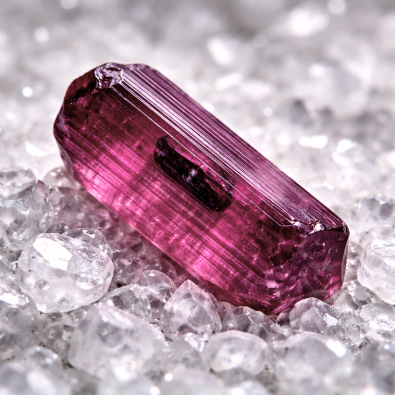 Pink-Turmalin-Rubellit-Rohkristall auf Bergkristall Chips