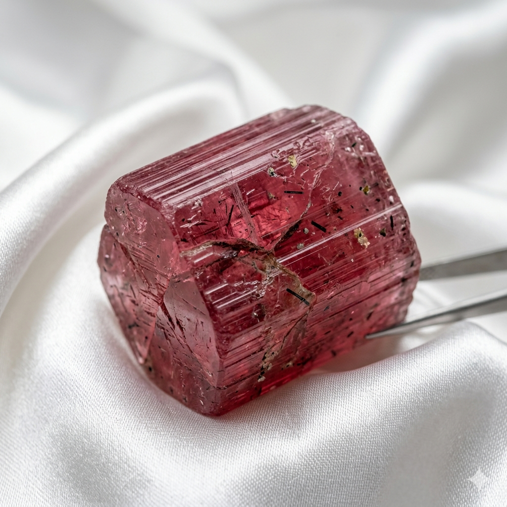Rubellit Turmalin Pink Rohkristall auf einem Seidentuch