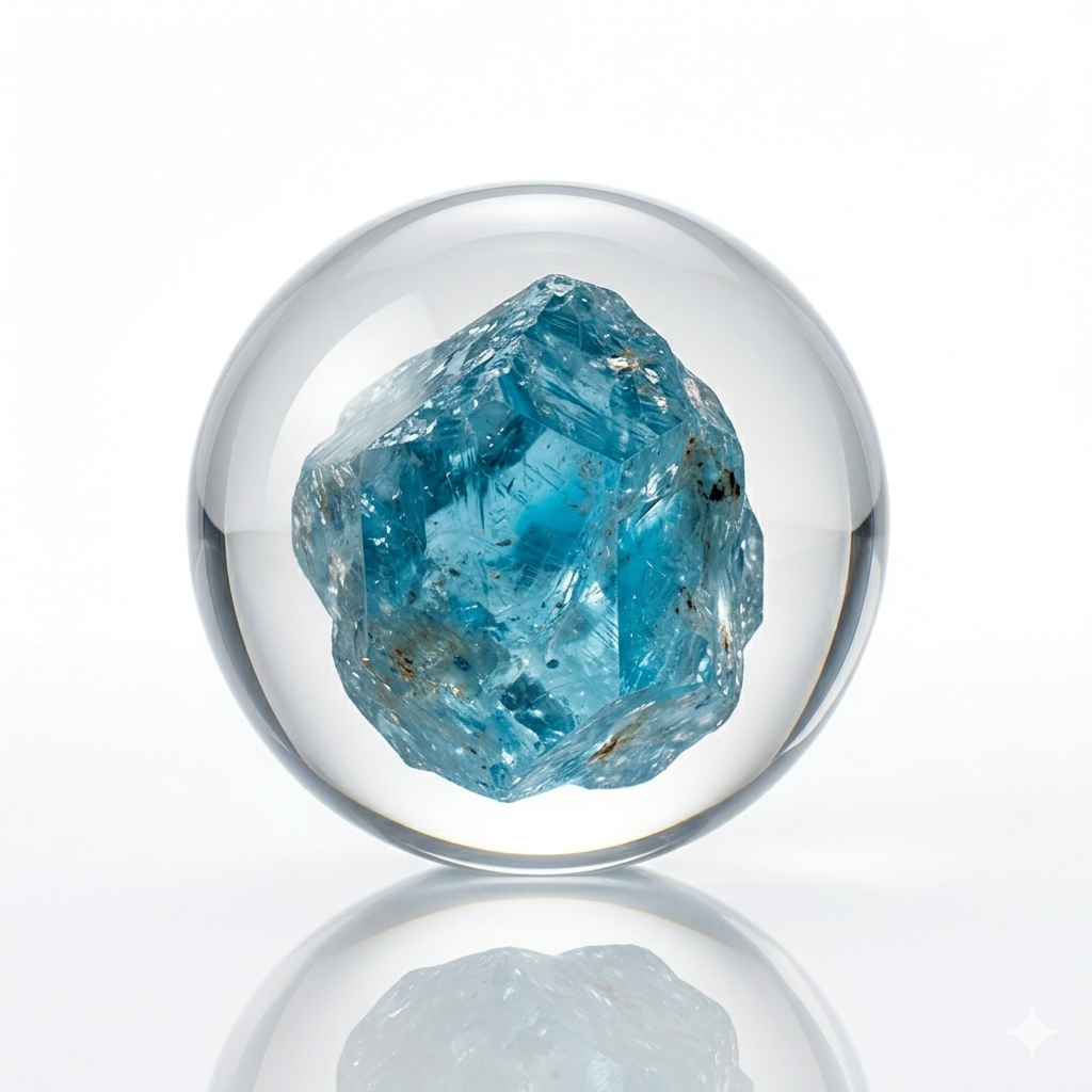 Topas blau Rohstein in einer Glaskugel.