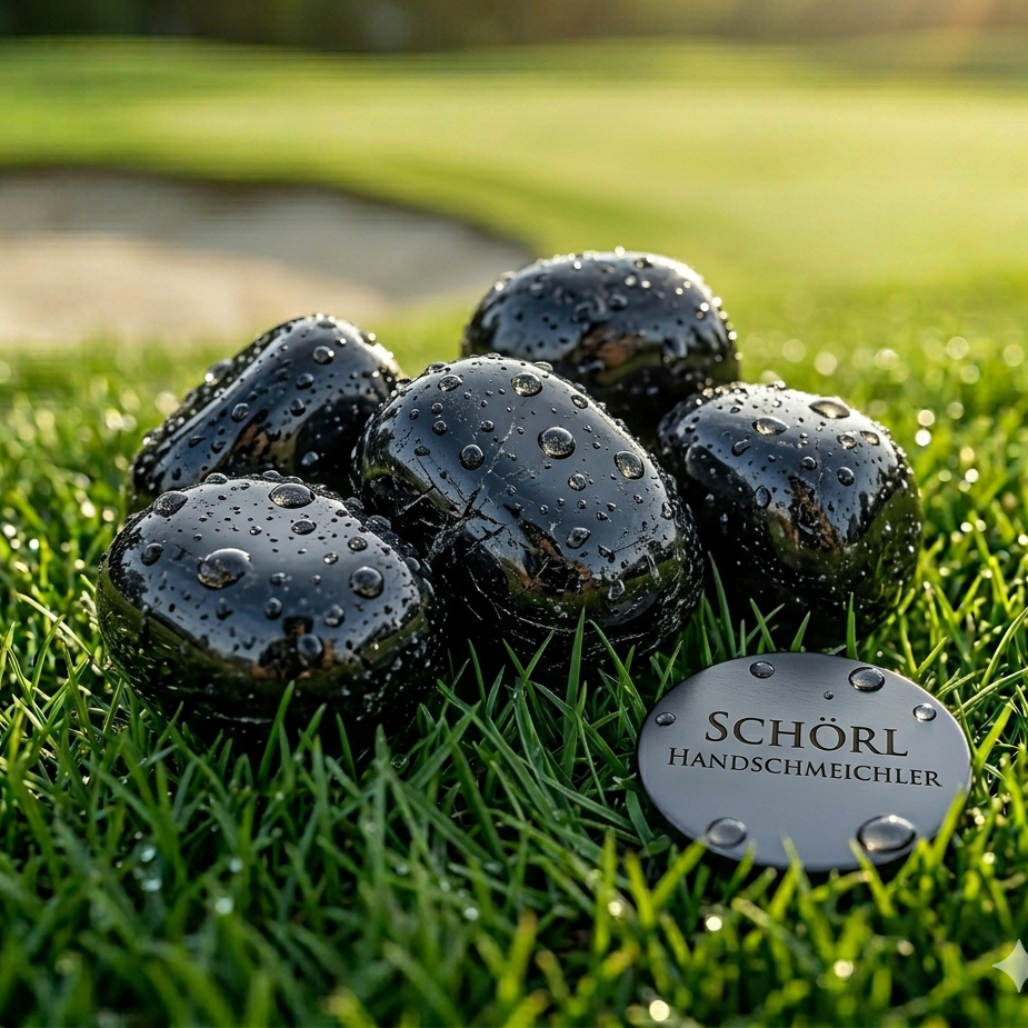 Turmalin schwarz Schörl Handschmeichler auf nassem Golfplatzrasen