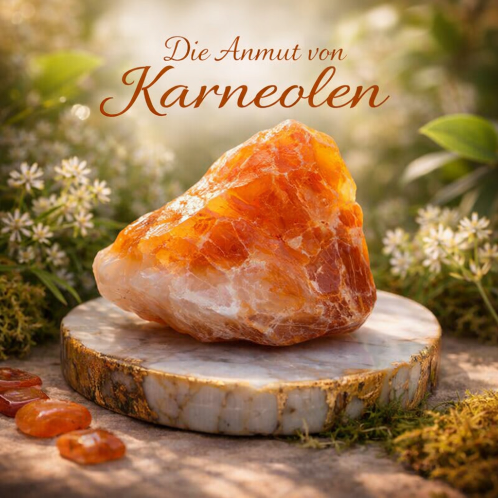 Wirkung Karneol Rohkristall präsentiert auf einer Achatscheibe