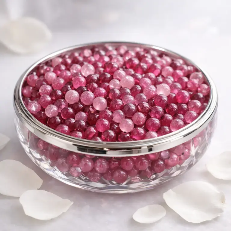 rosa und pink Turmalin Perlen in einer Glasschale