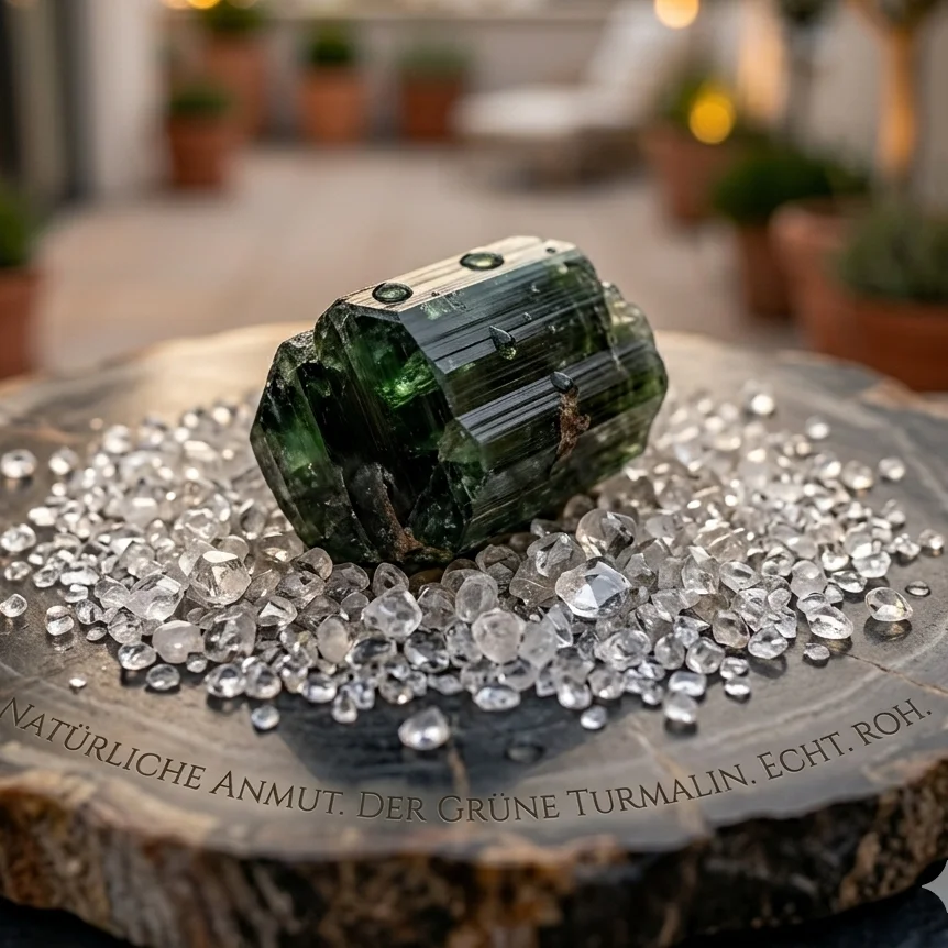 grüner Turmalin auf Bergkristall Mini-Steinchen