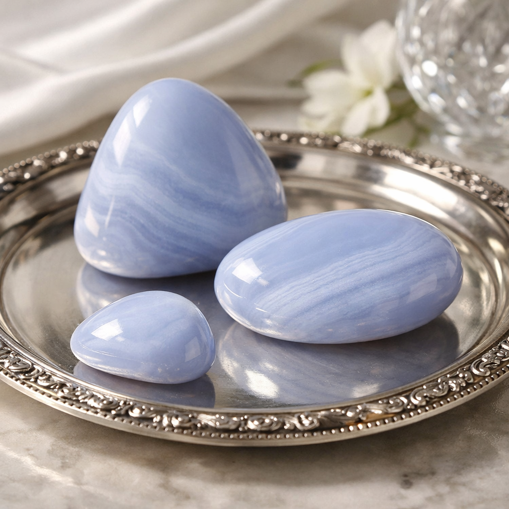 polierte Chalcedon Steine auf silbernem Tablett GemstoneEmpire chat
