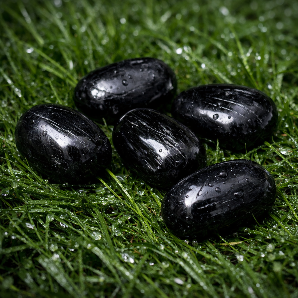 schwarzer Turmalin Schörl Handschmeichler im nassen Rasen