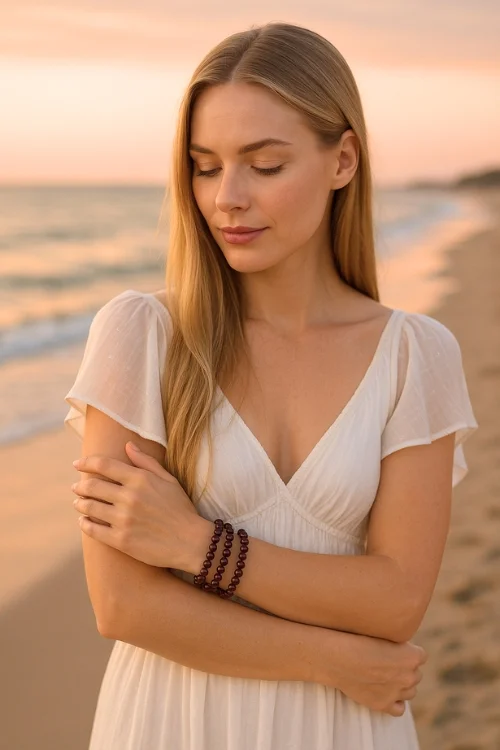 blonde-frau-am-strand-traegt-drei-granat-edelstein-armbaender