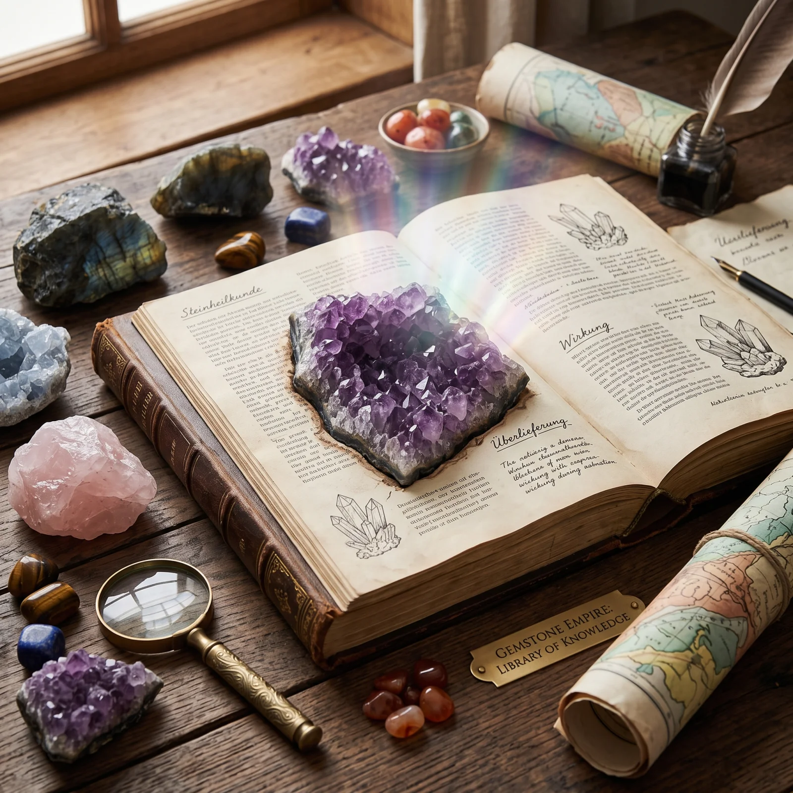 Altes Buch das Edelsteinwissen vermittelt und eine amethystdruse aus der mystische Strahlen herausströmen