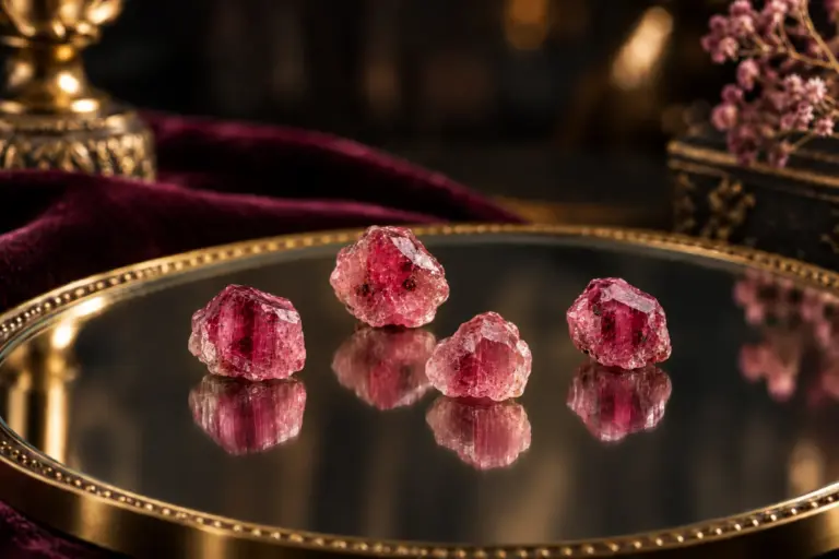 mystische Wirkung Turmalin pink auch Rubellit genannt auf alter Spiegelplatte
